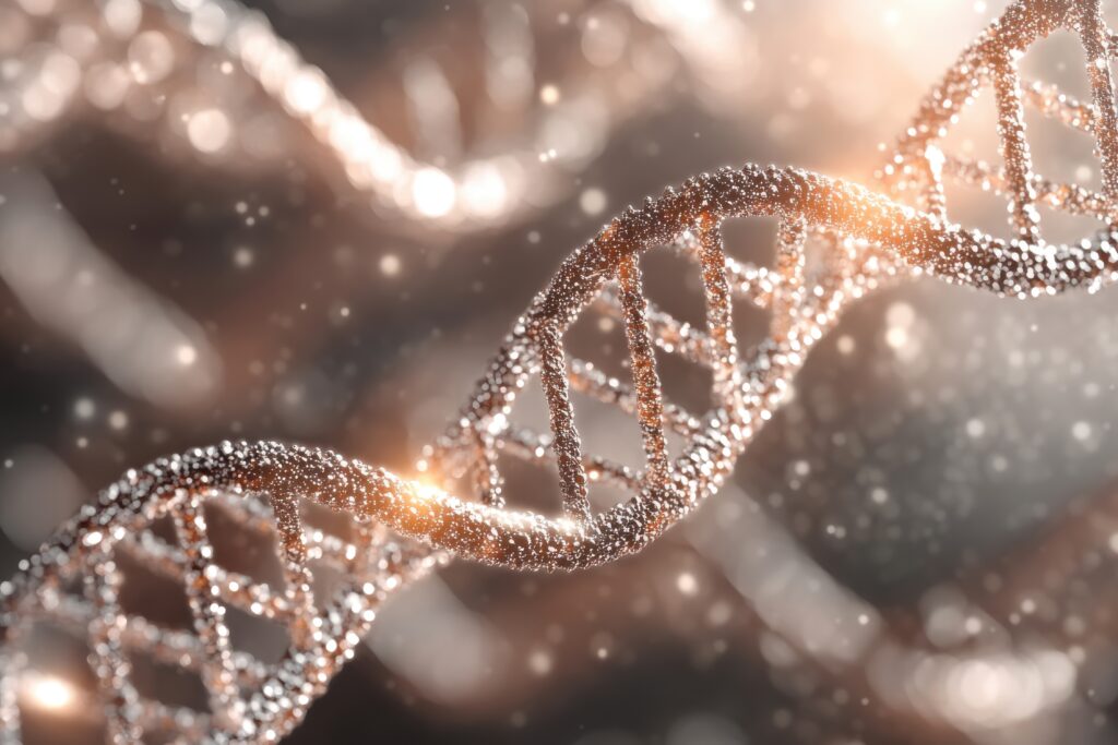 Leuchtende, detailreiche Darstellung einer DNA-Doppelhelix mit funkelnden Partikeln vor unscharfem Hintergrund.