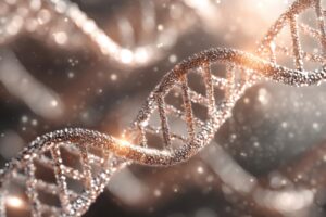 Leuchtende, detailreiche Darstellung einer DNA-Doppelhelix mit funkelnden Partikeln vor unscharfem Hintergrund.